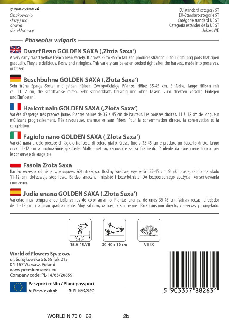 Dwarf Bean GOLDEN SAXA ("Złota Saxa") PremiumSeeds producer of seeds